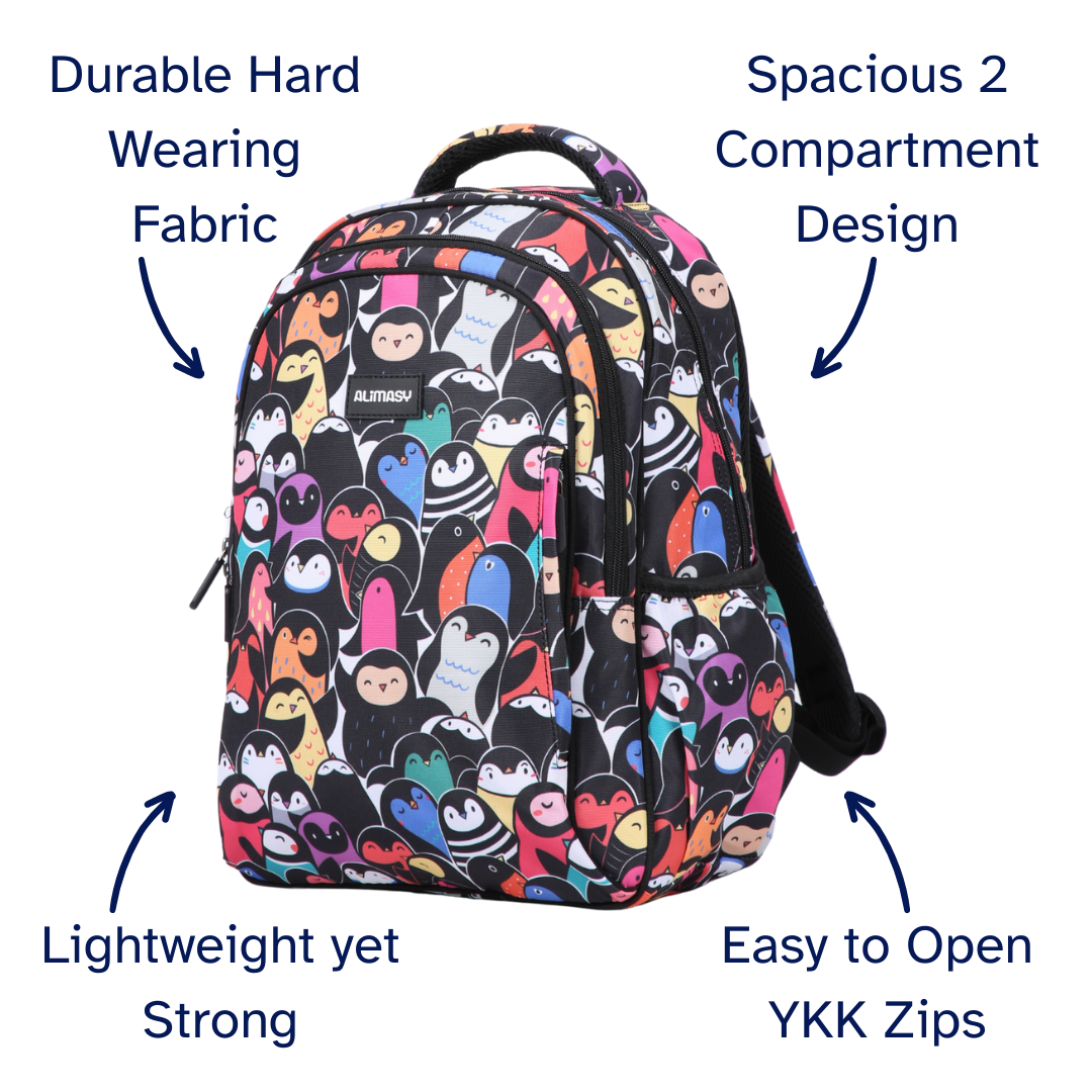 Colorful backpack with penguin pattern and feature text on a white background