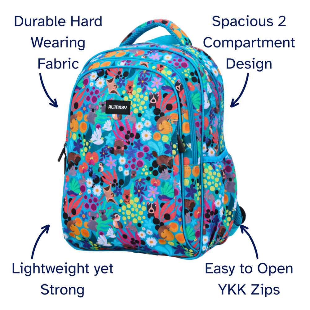 Colorful floral-patterned backpack with text highlighting features on a white background