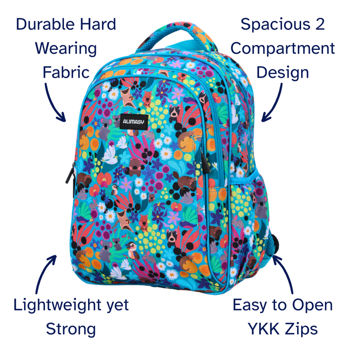 Colorful floral-patterned backpack with text highlighting features on a white background