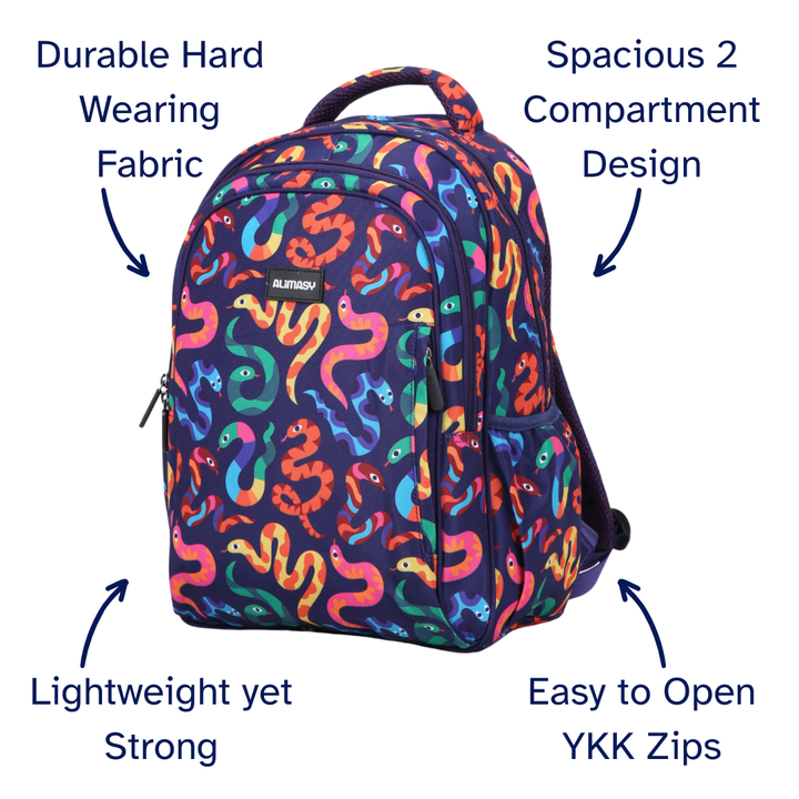 Colorful backpack with snake pattern on a white background, featuring text describing its features.