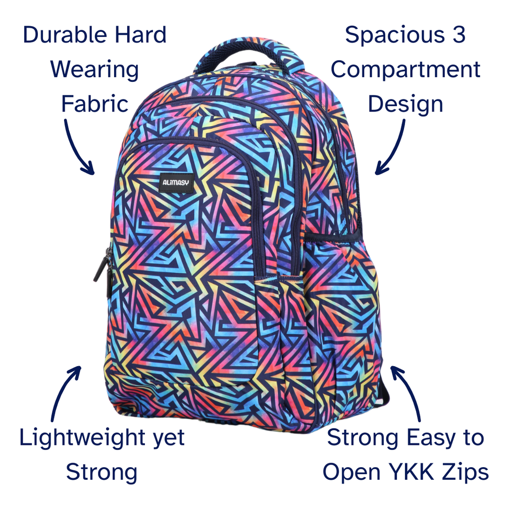 Colorful geometric-patterned backpack with text highlighting features on a white background