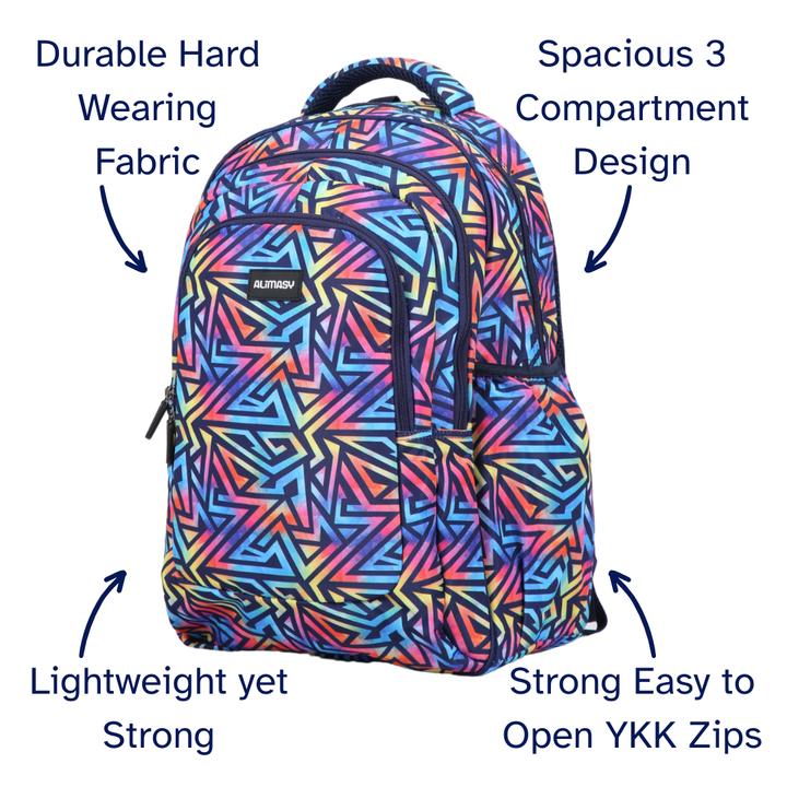 Colorful geometric-patterned backpack with text highlighting features on a white background
