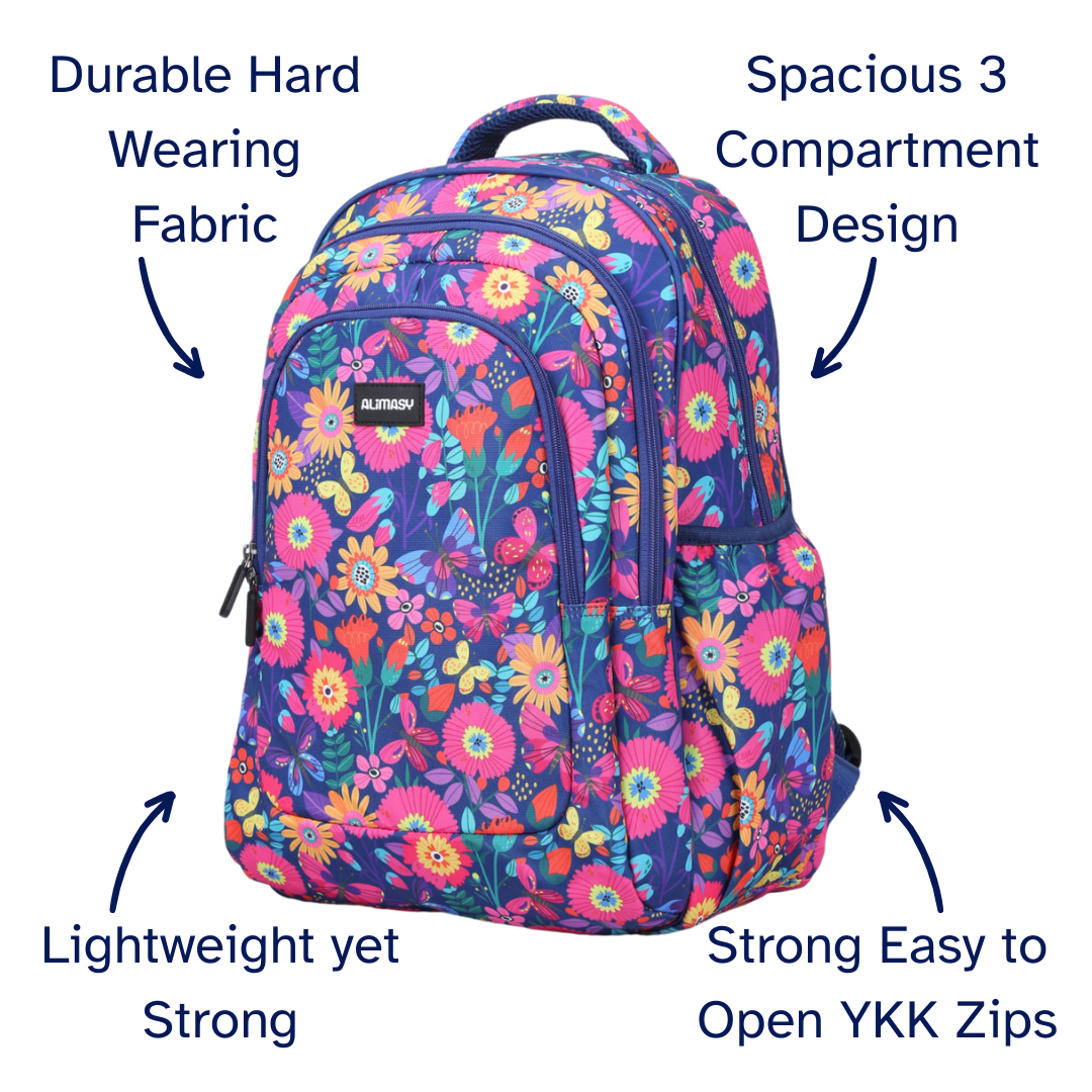 Pink and purple Floral-patterned backpack with features highlighted on a white background