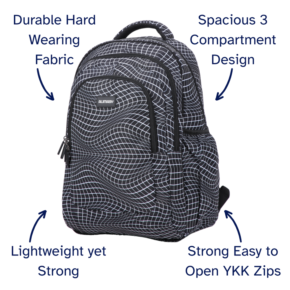 Backpack with features highlighted on a white background