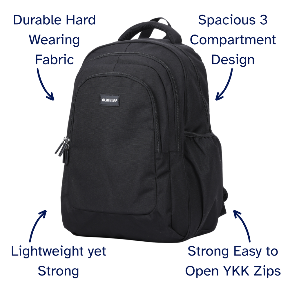 Black backpack with features labeled on a white background