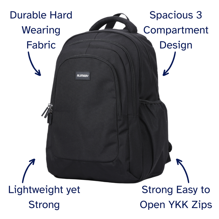 Black backpack with features labeled on a white background