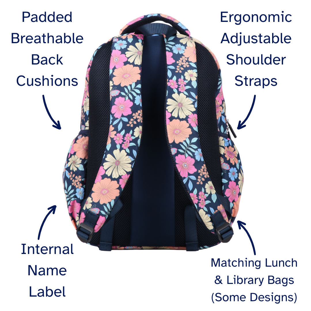 Floral backpack with labeled features on a white background
