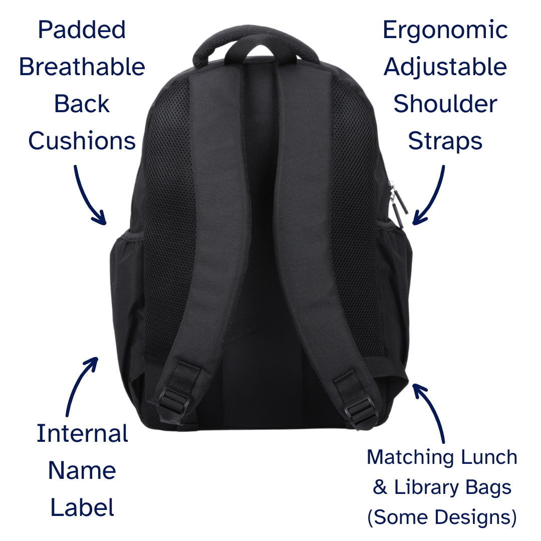 Black backpack with labeled features on a white background