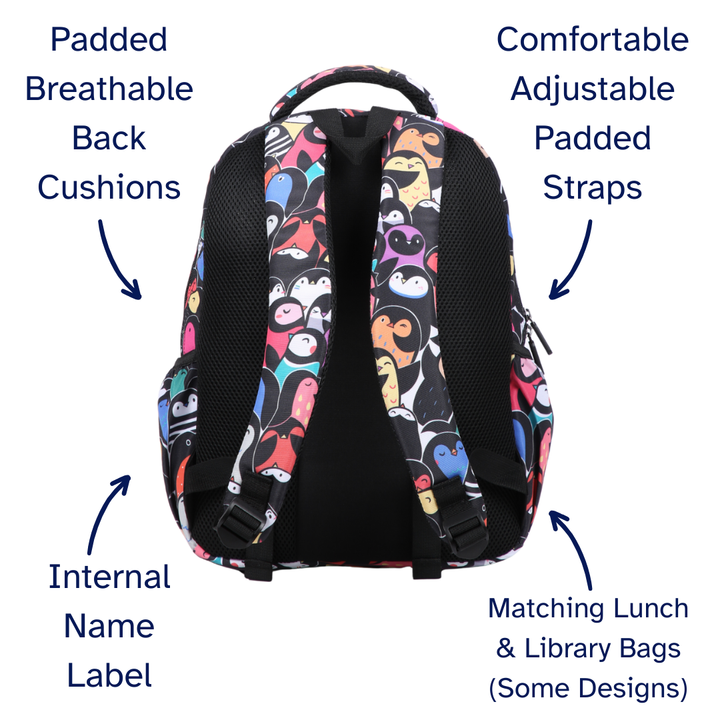 Colorful kids backpack with features labeled on a white background