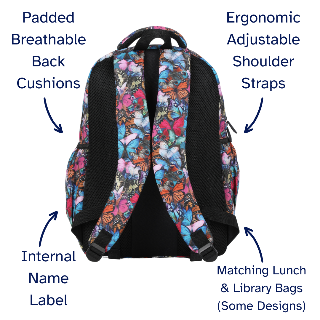 Backpack with butterfly pattern labeled for features like padded back, adjustable straps, internal name label, and matching lunch/library bags.