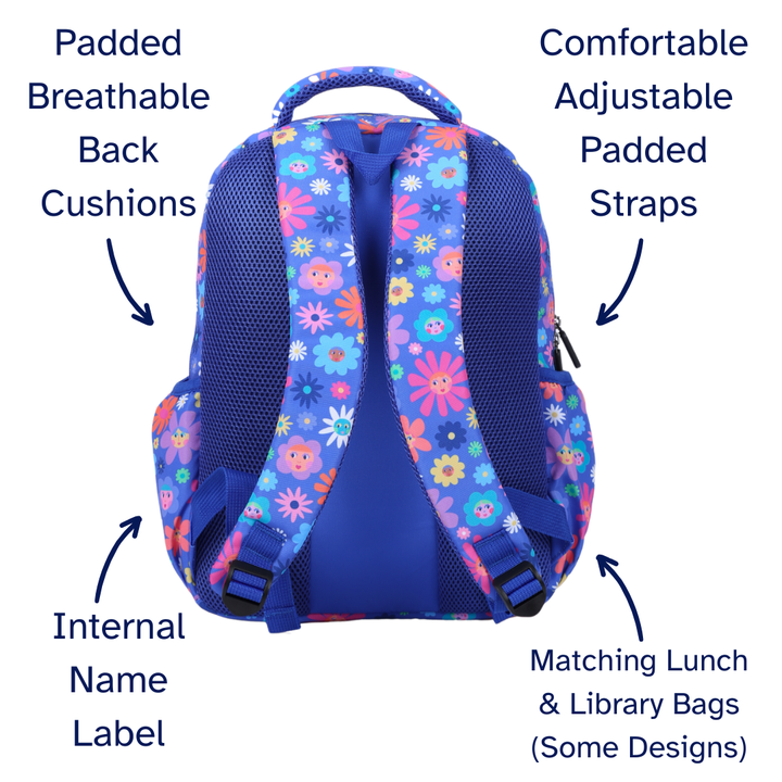 Blue Flower Friends Midsize Kids Backpack close-up print high-quality fabric waterproof midsize kids backpack