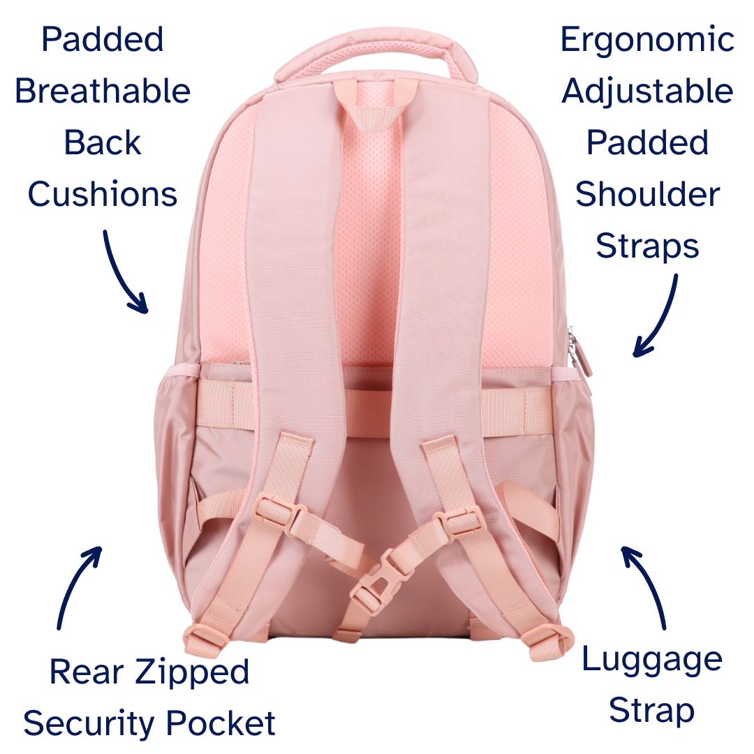 Pink backpack with labeled features on a white background