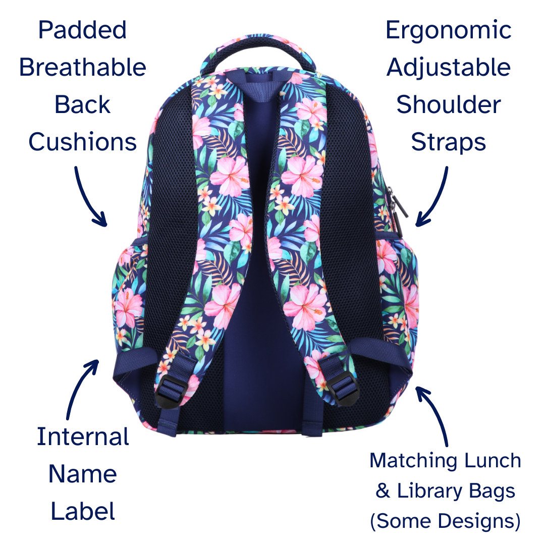 Floral-patterned backpack with labeled features on a white background