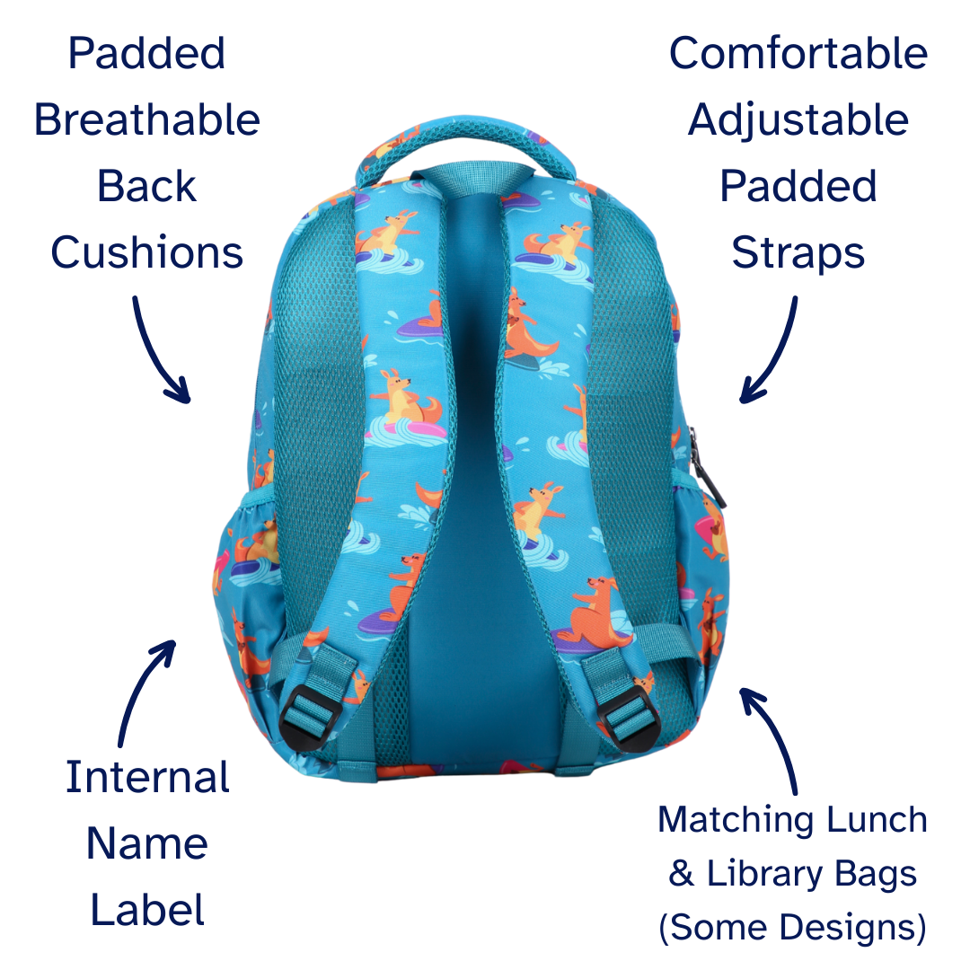 Surfing Kangaroos Midsize Kids Backpack detail shot durable YKK zips and reinforced handle, waterproof kids backpack