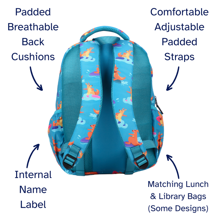 Surfing Kangaroos Midsize Kids Backpack detail shot durable YKK zips and reinforced handle, waterproof kids backpack