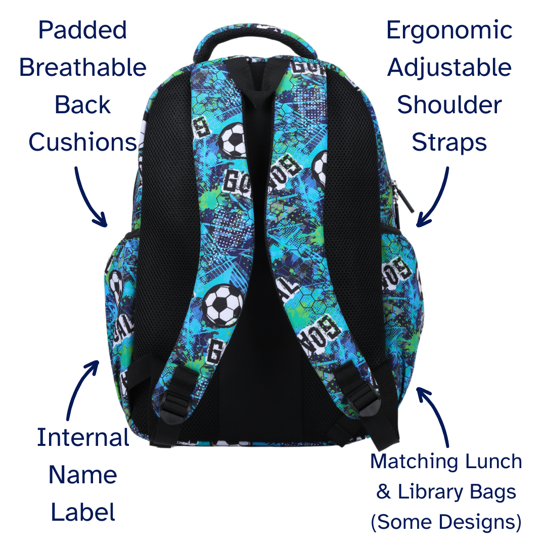 Backpack with labeled features on a white background