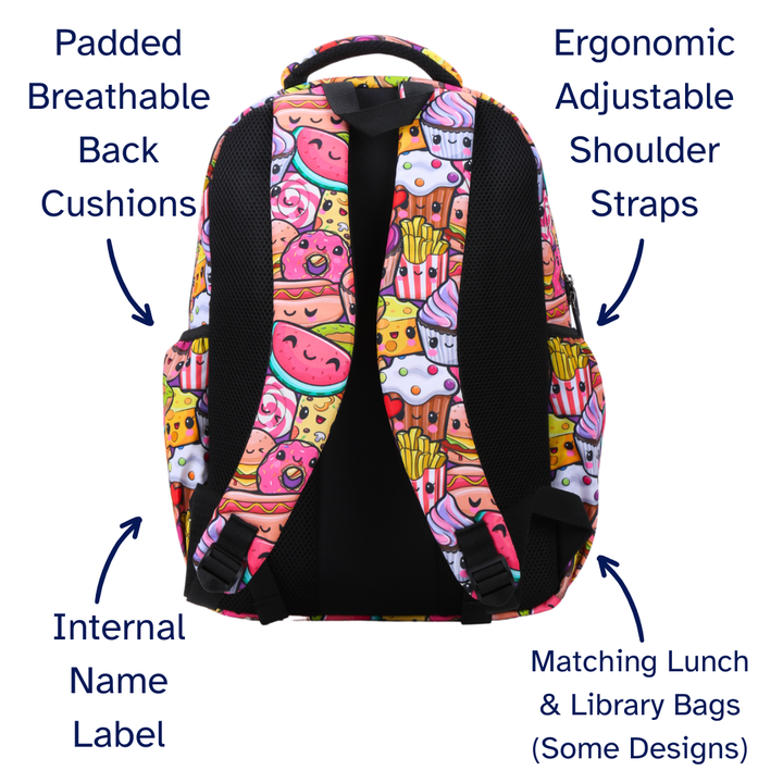 Colorful backpack with food pattern and features listed on a white background