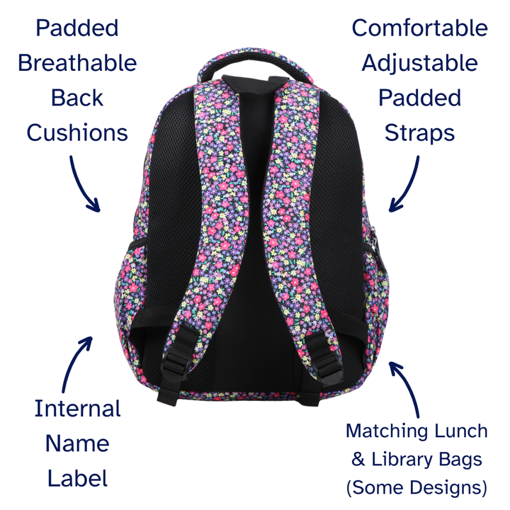 Floral-patterned daycare bag with labeled features on a white background