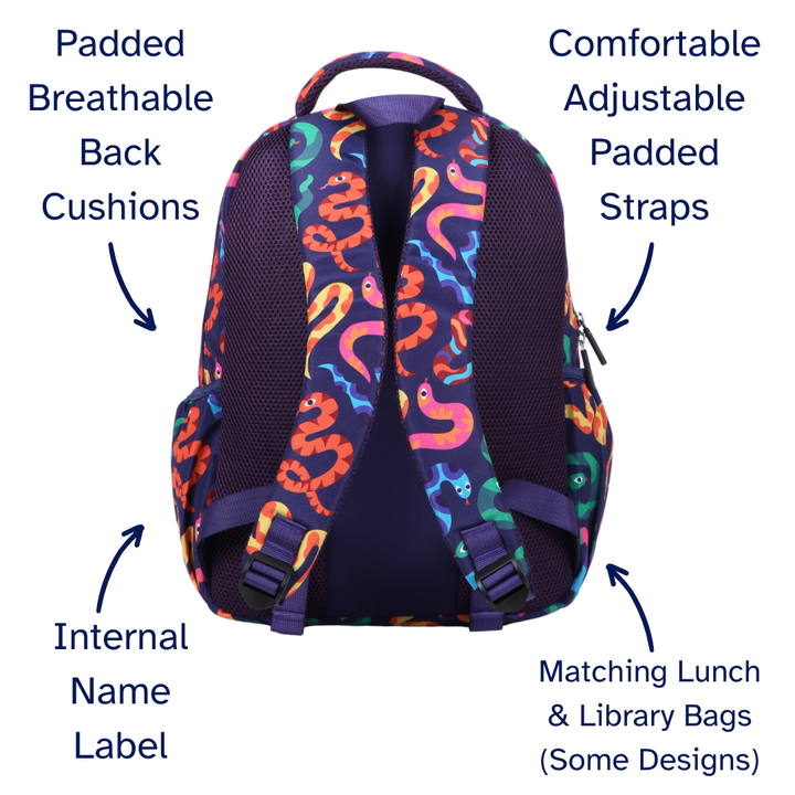 Colorful toddler kids backpack with features labeled on a white background