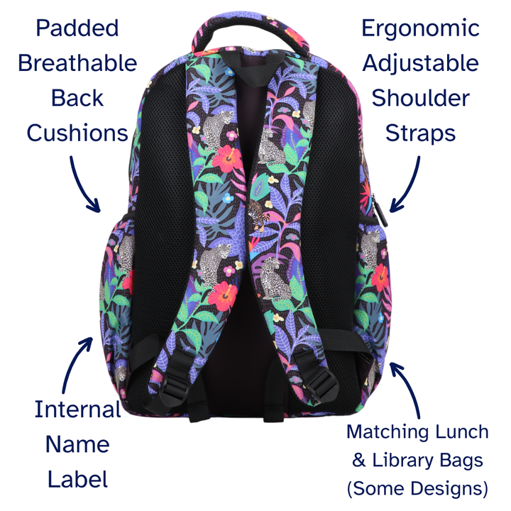 Floral-patterned backpack with labeled features on a white background