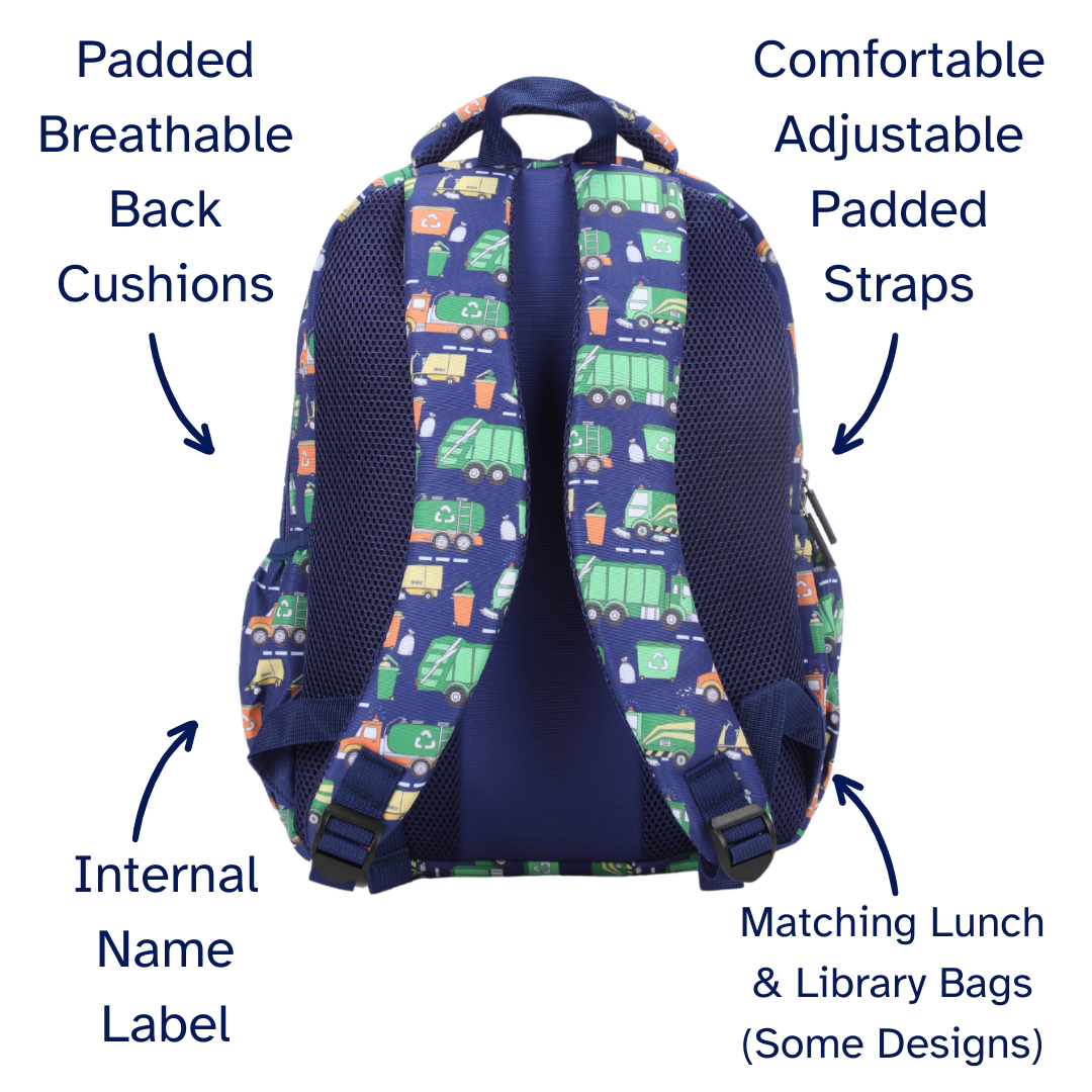 Bin Trucks Midsize Kids Backpack close-up print high-quality fabric waterproof midsize kids backpack