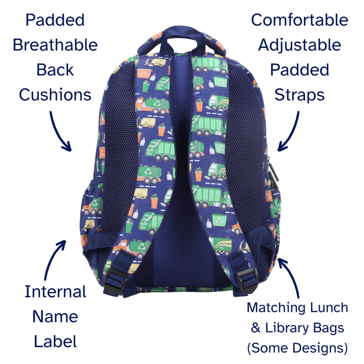 Bin Trucks Midsize Kids Backpack close-up print high-quality fabric waterproof midsize kids backpack