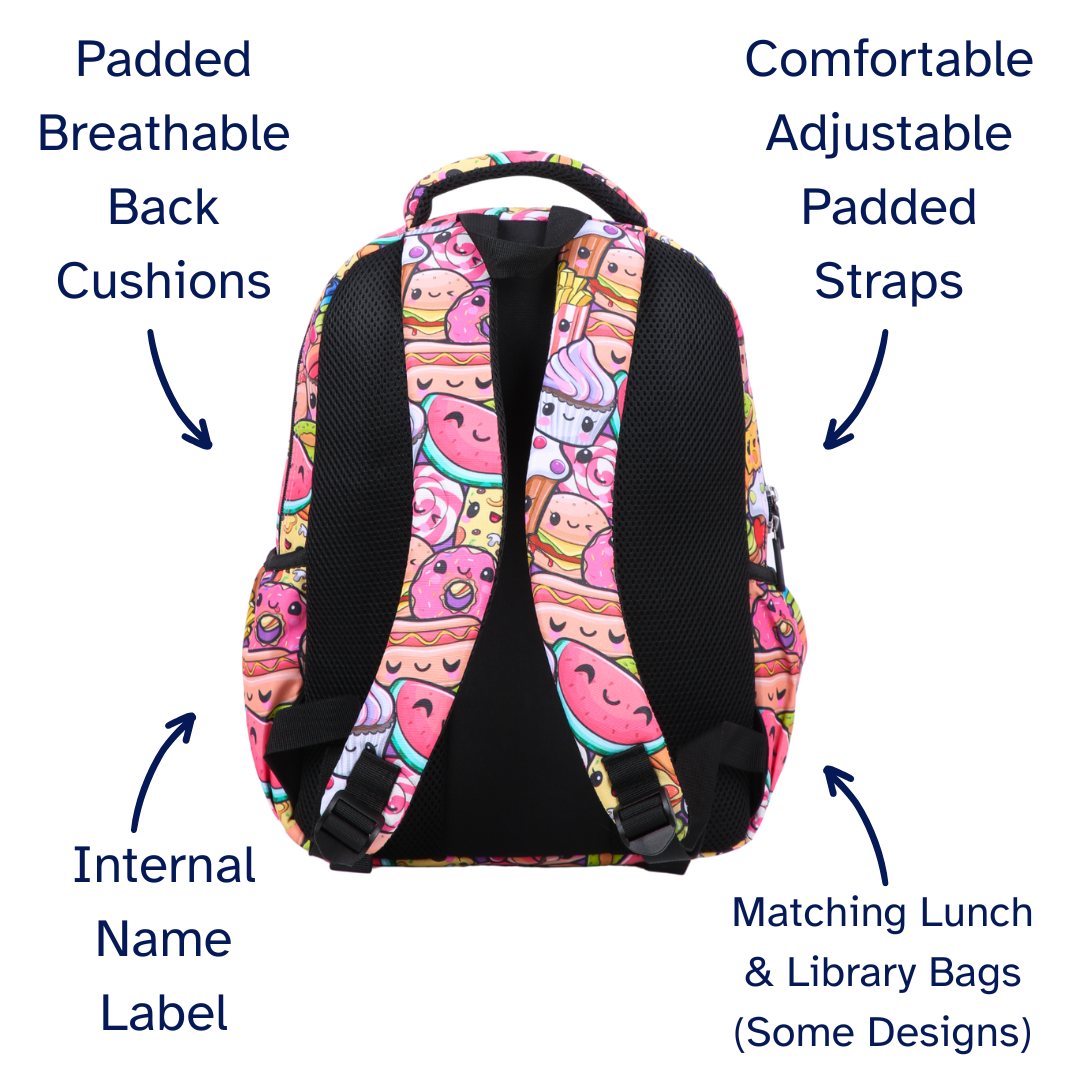 Backpack with colorful design on a white background, labeled features include padded back, adjustable straps, internal name label, and matching lunch/library bags.