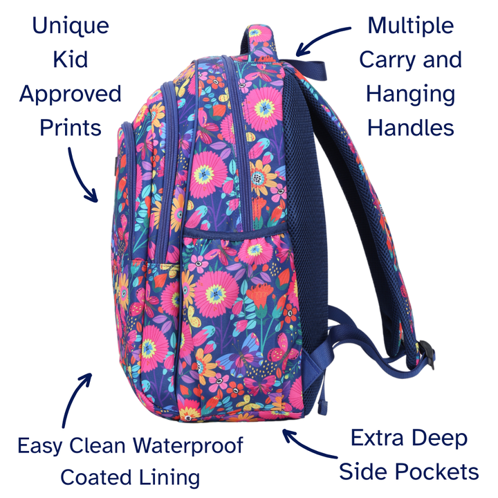 Floral backpack with features highlighted on a white background