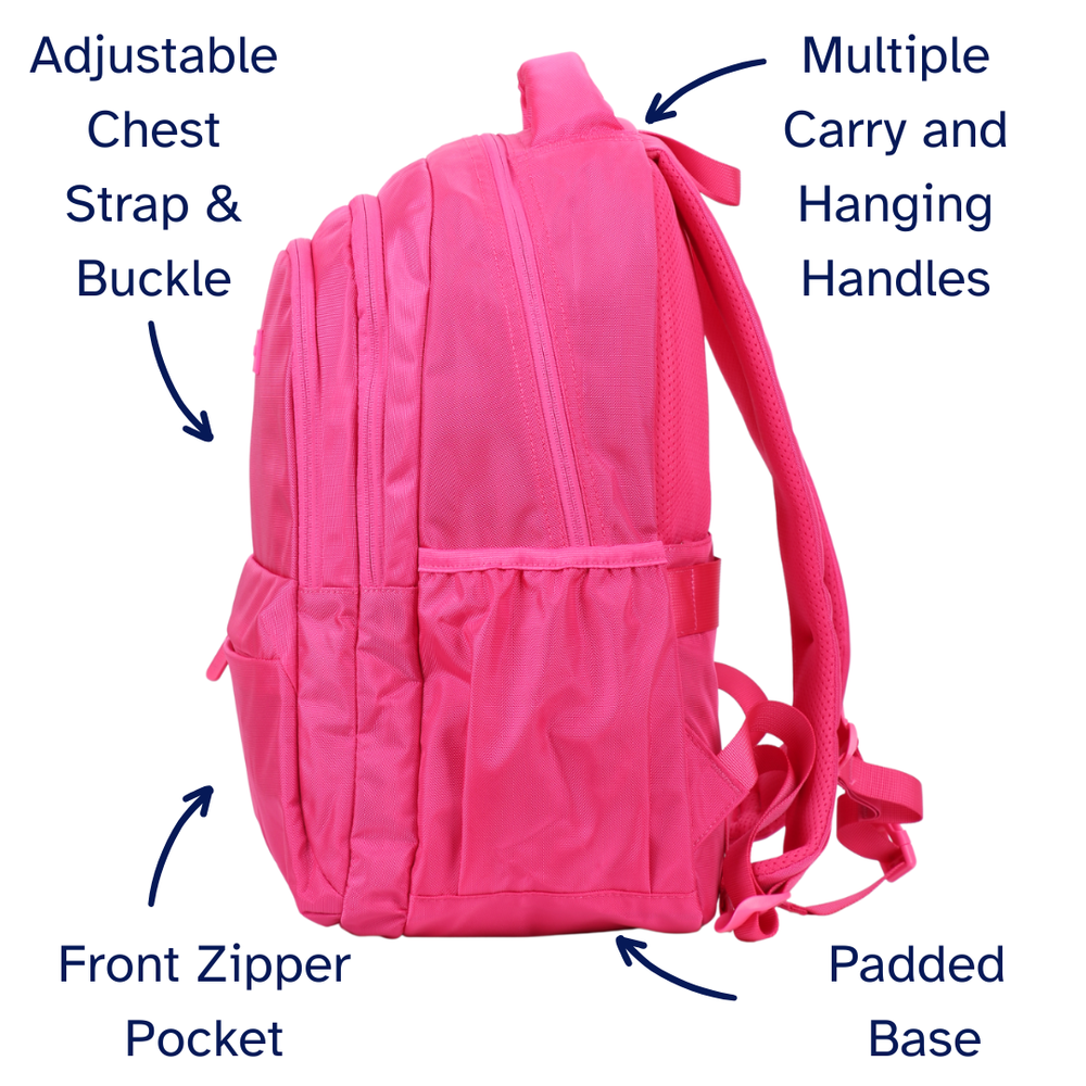 Pink backpack with labeled features on a white background