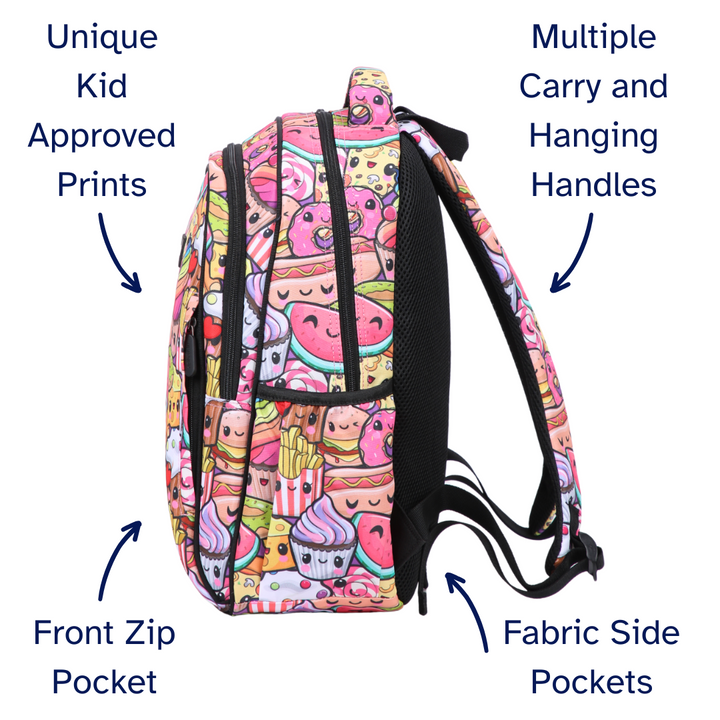 Colourful food backpack with various features highlighted on a white background