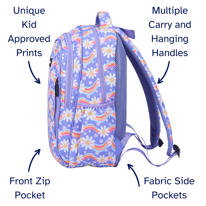 Rainbow Daisy Midsize Kids Backpack detail shot durable YKK zips and reinforced handle, waterproof kids backpack