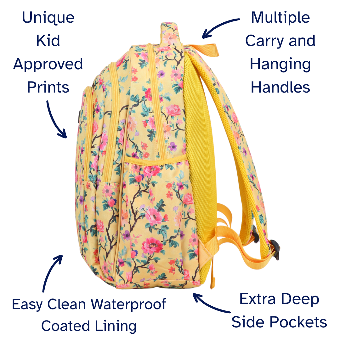 Floral backpack with features highlighted on a white background