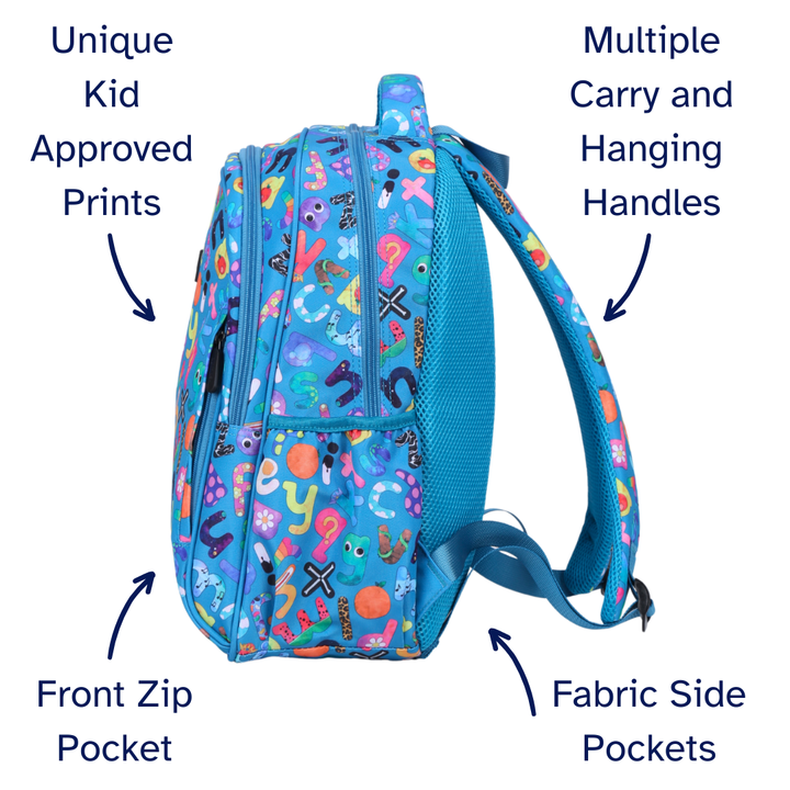 Blue backpack with colorful patterns and text, featuring multiple carry and hanging handles, front zip pocket, and fabric side pockets.
