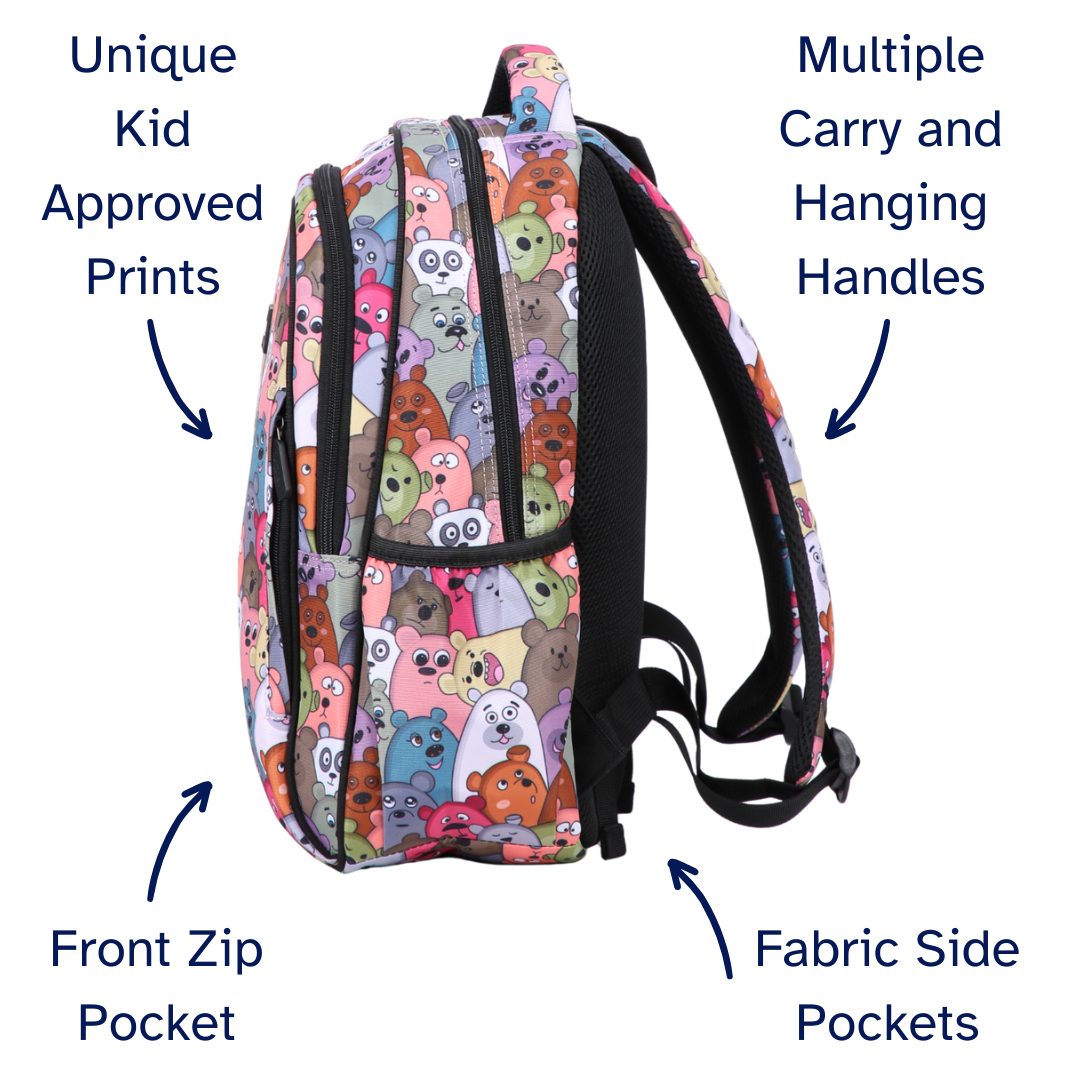 Backpack with colorful bear  pattern, multiple carry handles, front zip pocket, and fabric side pockets on a white background.
