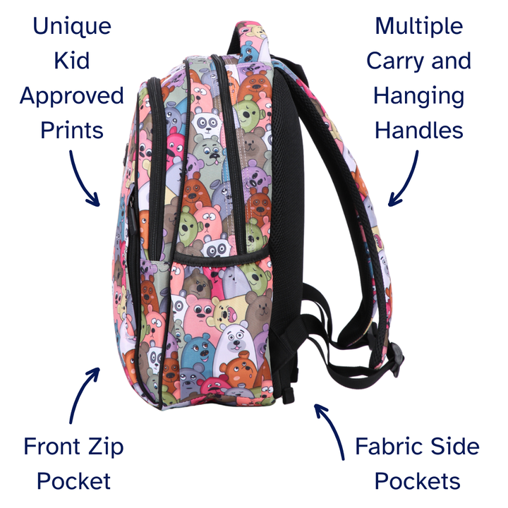 Backpack with colorful bear  pattern, multiple carry handles, front zip pocket, and fabric side pockets on a white background.