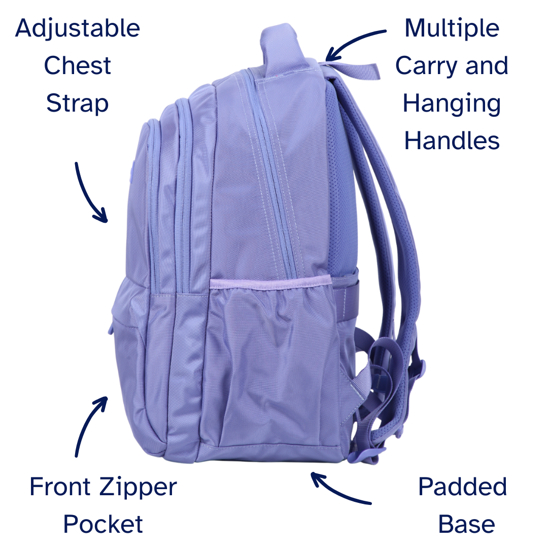 Purple backpack with labeled features on a white background