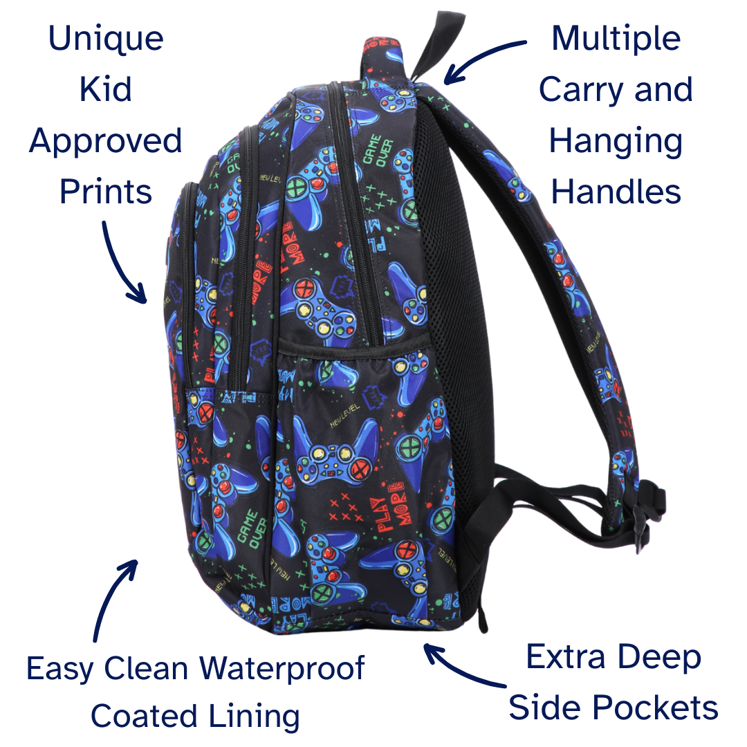 Backpack with game controller design, features highlighted on a white background