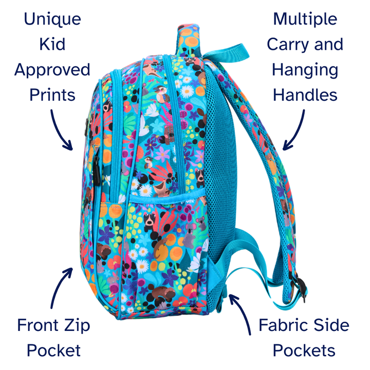 Australian Animals Midsize Kids Backpack detail shot durable YKK zips and reinforced handle, waterproof kids backpack