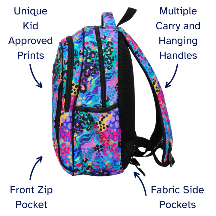 Electric Leopard Midsize Kids Backpack detail shot  durable YKK zips and reinforced handle, waterproof kids backpack