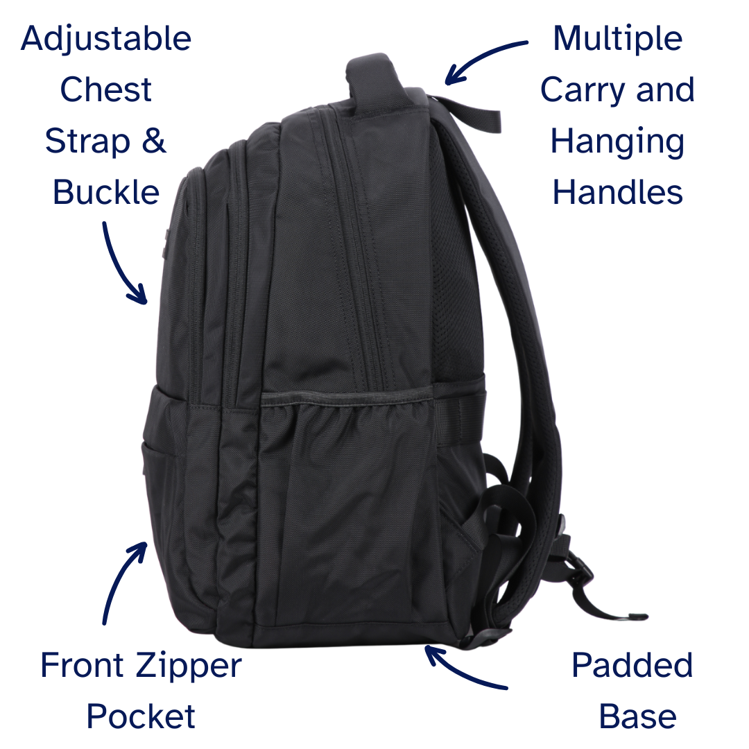 Black backpack with labeled features on a white background
