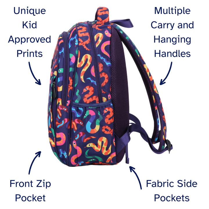 Colorful kids backpack with snake pattern side view features labeled on a white background