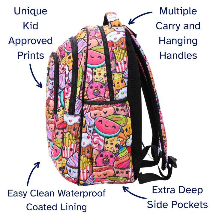 Colorful backpack with cartoon prints, multiple handles, waterproof lining, and side pockets on a white background.