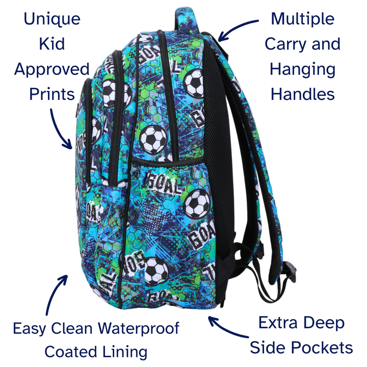 Backpack with soccer ball pattern and features highlighted on a white background