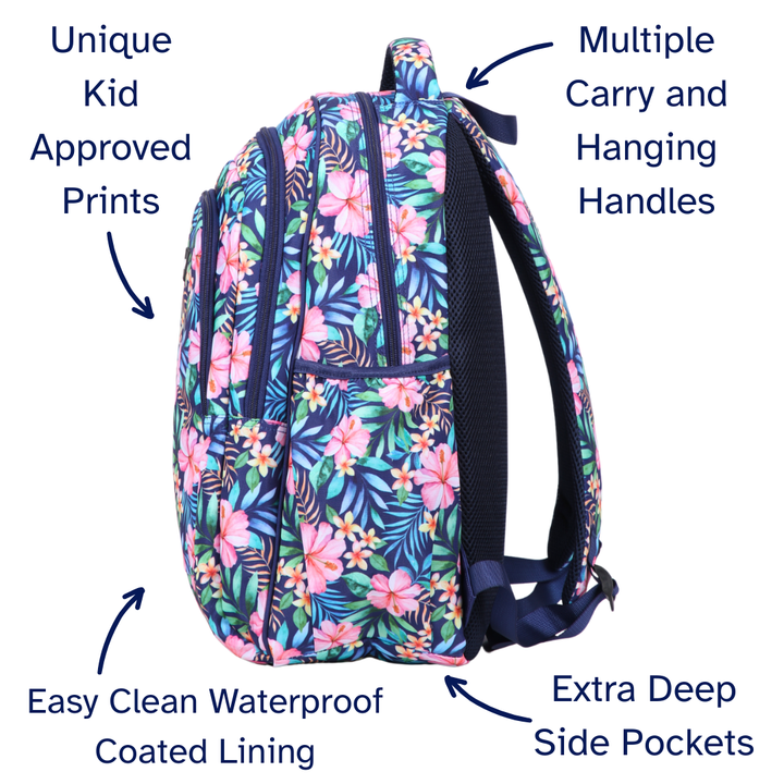 Floral-patterned backpack with features highlighted on a white background