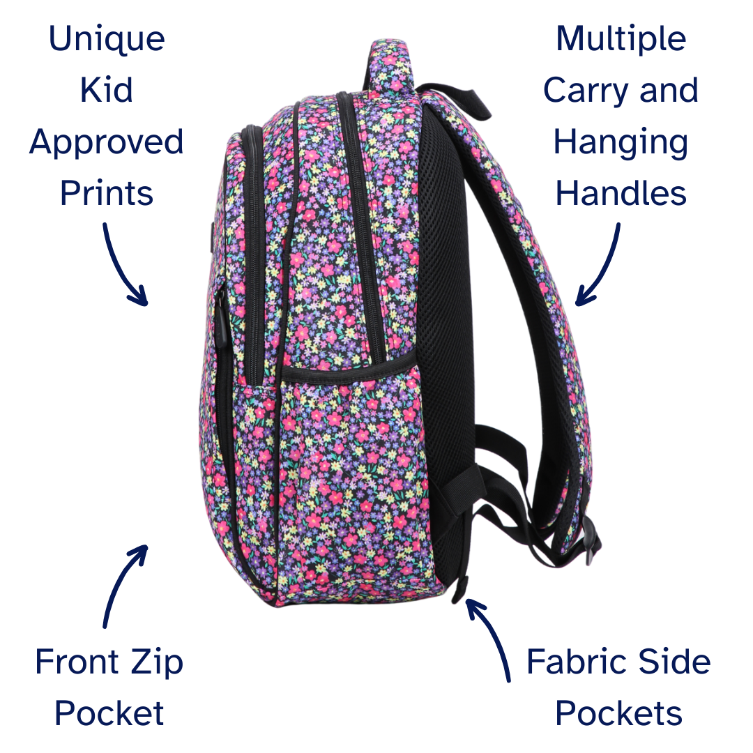 Floral patterned school bag with features highlighted on a white background