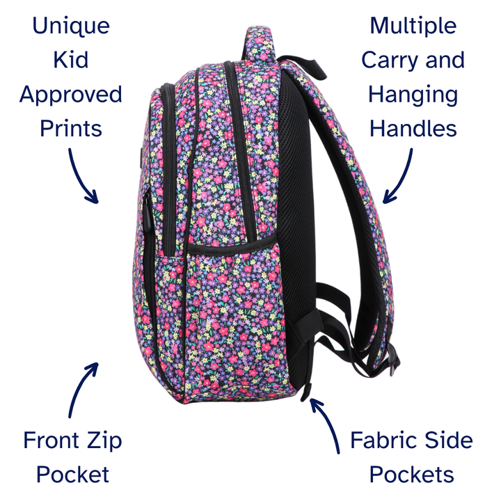 Floral patterned school bag with features highlighted on a white background