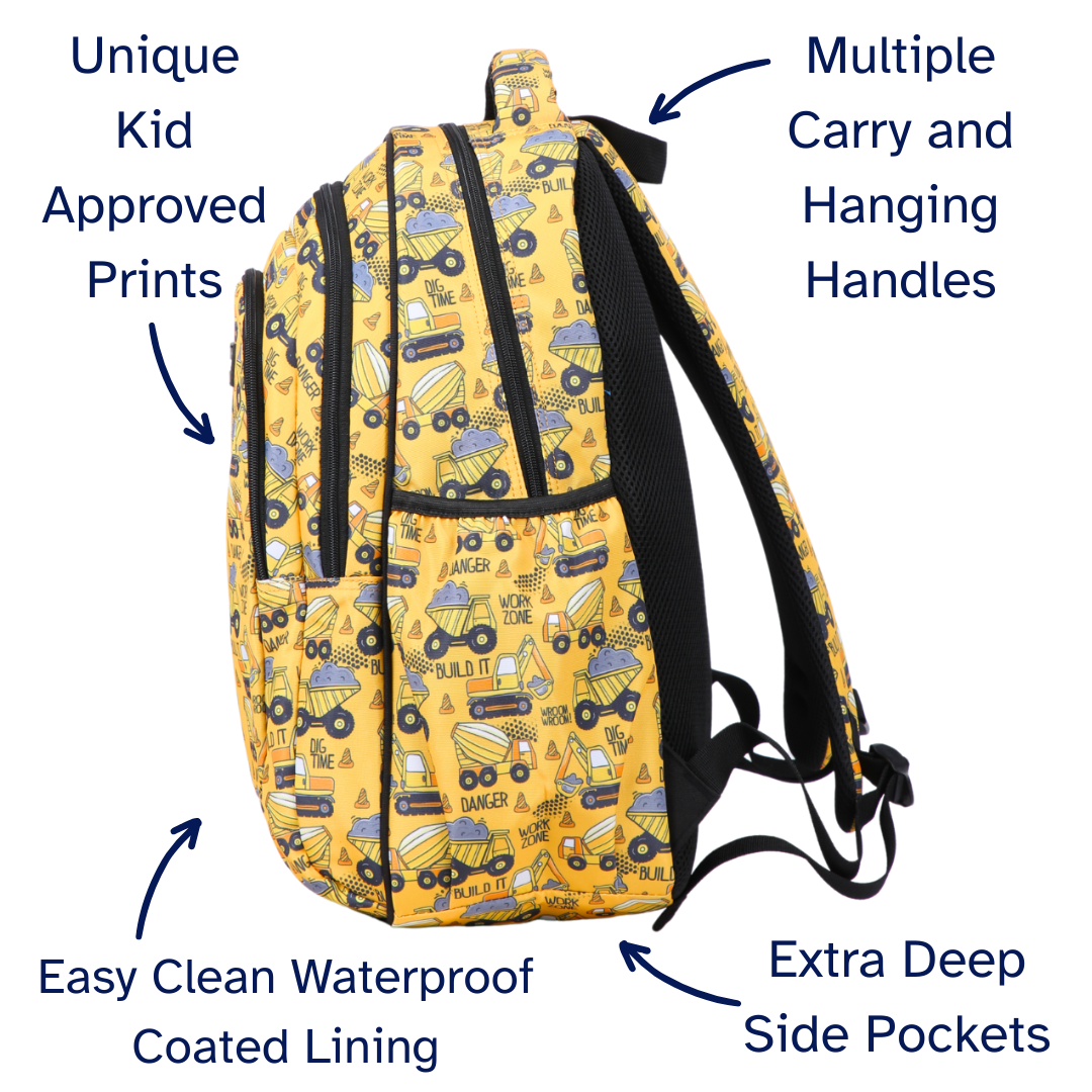 Yellow backpack with vehicle pattern, features highlighted on a white background
