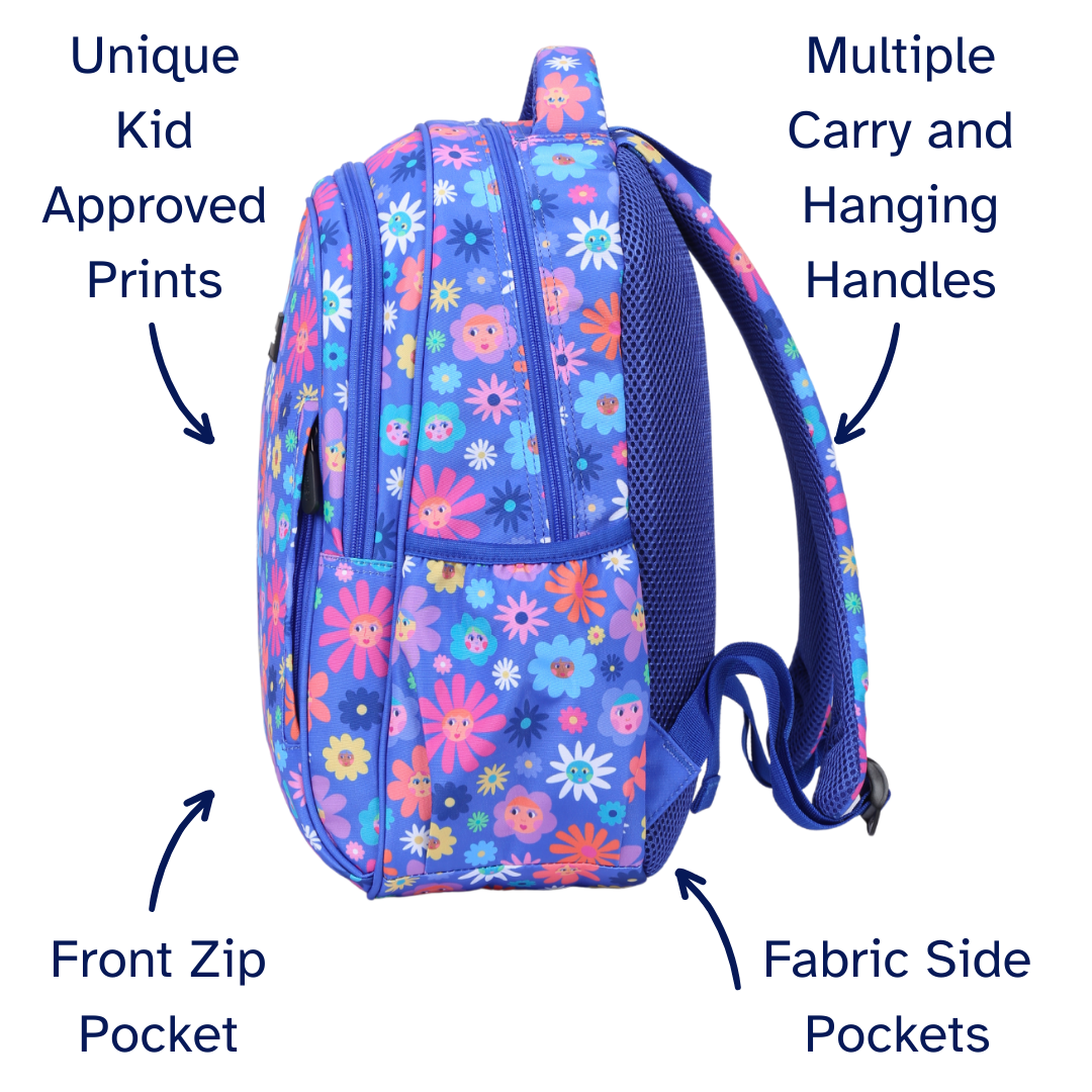 Flower Friends Midsize Kids Backpack detail shot durable YKK zips and reinforced handle, waterproof kids backpack