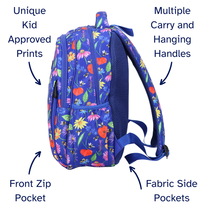 Bees & Wildflowers Midsize Kids Backpack detail shot durable YKK zips and reinforced handle, waterproof kids backpack