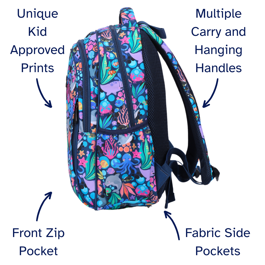 Sealife Midsize Kids Backpack close-up print high-quality fabric waterproof midsize kids backpack